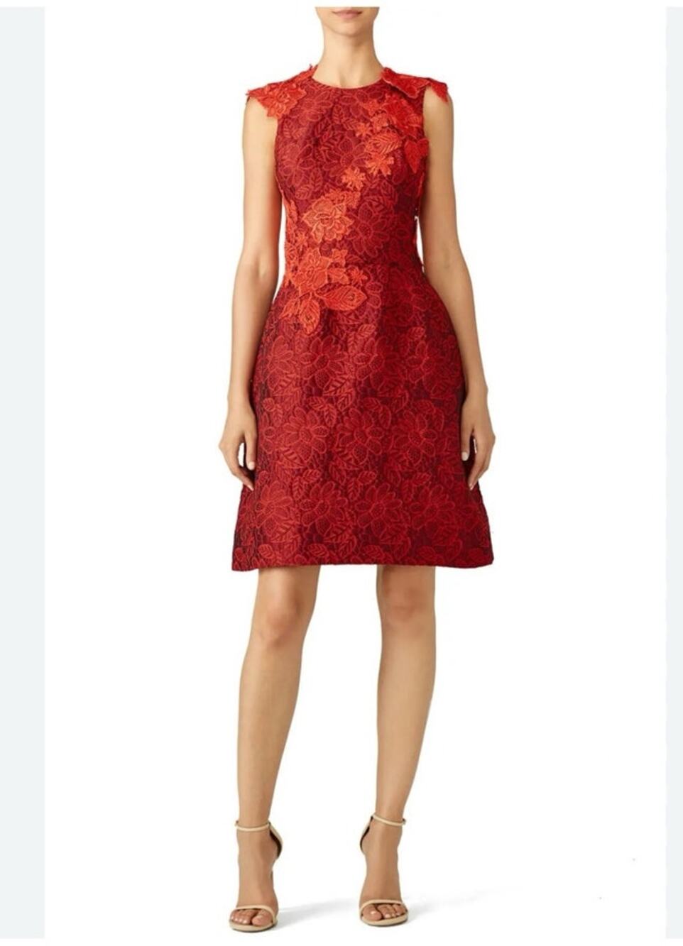 ML Monique Lhuillier Red Lace Brocade Fit Flare Dress Wedding Sz‎ 2